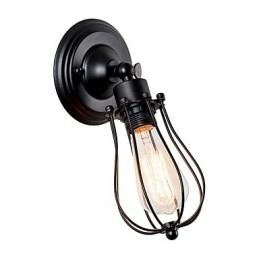 Aplique de pared vintage industrial, lámpara de pared con jaula de alambre de metal negro