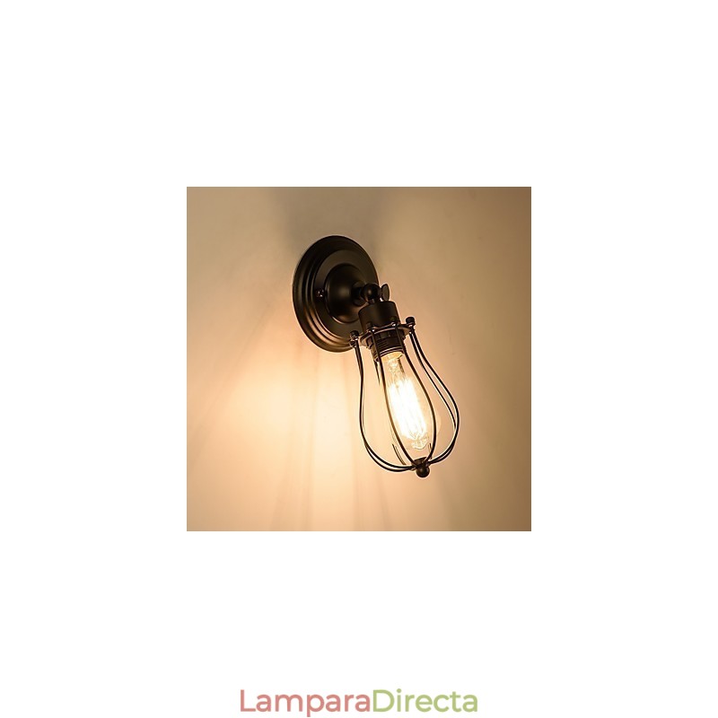 Aplique de pared vintage industrial, lámpara de pared con jaula de alambre de metal negro