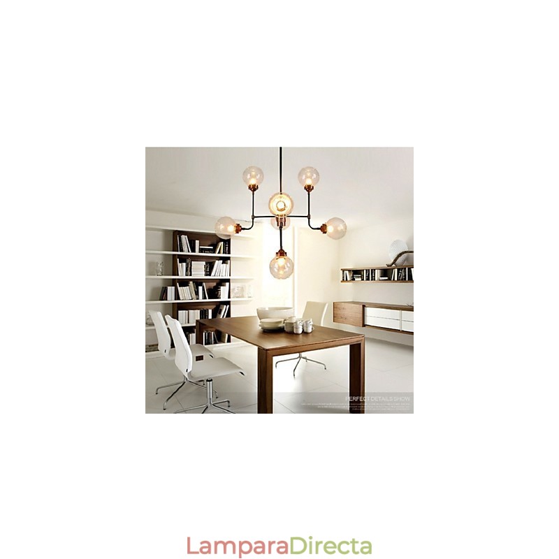 Lámpara de araña moderna y creativa de hierro forjado que restaura formas antiguas, con bolas de cristal y frijoles mágicos moleculares.