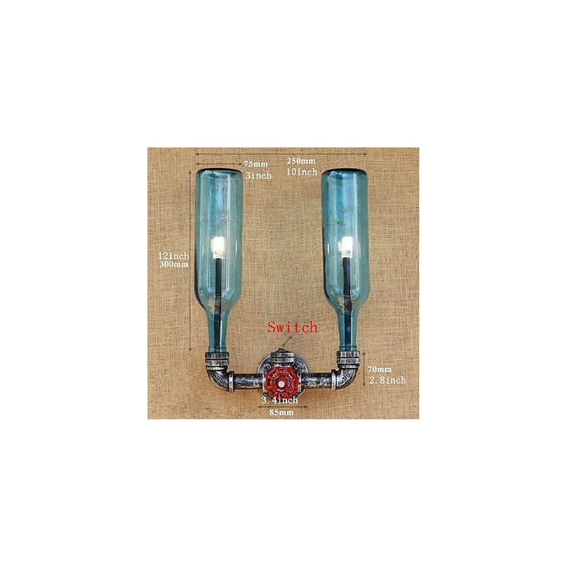 Lámpara de pared con interruptor de viento industrial retro, botella de agua, luz de pared azul