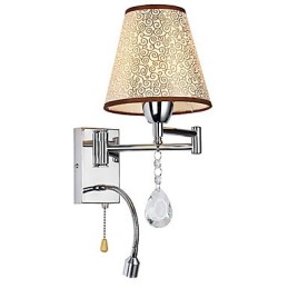 Lámpara de pared para dormitorio, lámpara de lectura, lámpara de tela, moderna, contemporánea, estilo rústico, cromada, con brazo oscilante de cristal.