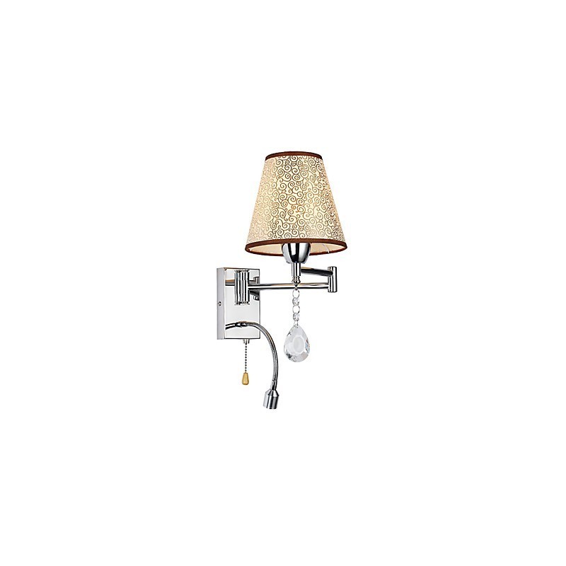 Lámpara de pared para dormitorio, lámpara de lectura, lámpara de tela, moderna, contemporánea, estilo rústico, cromada, con brazo oscilante de cristal.