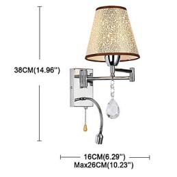 Lámpara de pared para dormitorio, lámpara de lectura, lámpara de tela, moderna, contemporánea, estilo rústico, cromada, con brazo oscilante de cristal.