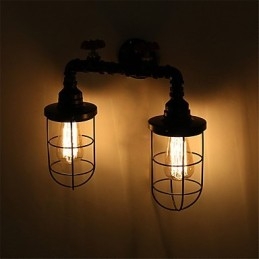 Lámpara de pared de tubo industrial retro de 2 cabezas, estilo loft, estilo jaula de pájaros negra, de metal, para comedor, cocina, bar, cafetería, decoración, iluminación
