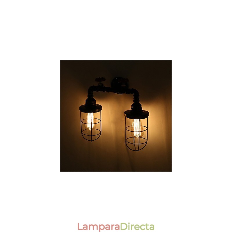 Lámpara de pared de tubo industrial retro de 2 cabezas, estilo loft, estilo jaula de pájaros negra, de metal, para comedor, cocina, bar, cafetería, decoración, iluminación