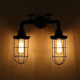 Lámpara de pared de tubo industrial retro de 2 cabezas, estilo loft, estilo jaula de pájaros negra, de metal, para comedor, cocina, bar, cafetería, decoración, iluminación