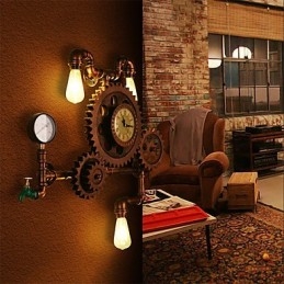 Lámparas de pared de tubo industriales vintage con forma de engranaje de madera, luces giratorias creativas, iluminación decorativa para restaurantes, cafeterías y bares.