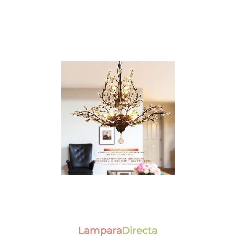 Lámpara de techo vintage de cristal, 8 luces, metal pintado, negro o dorado