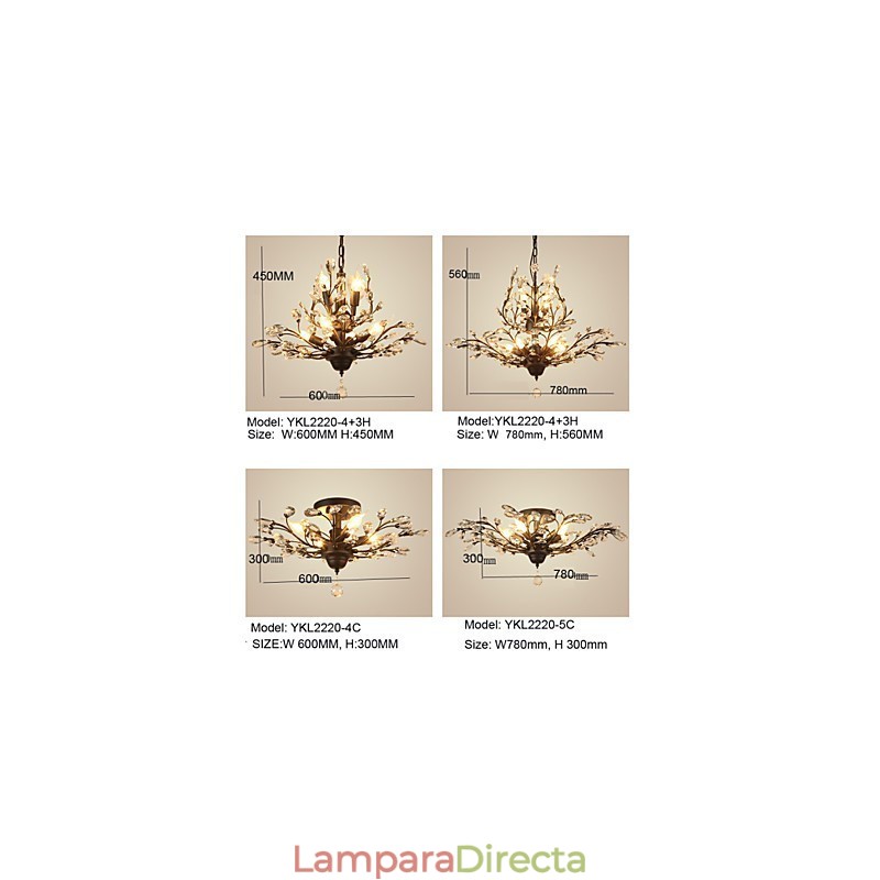 Lámpara de techo vintage de cristal, 8 luces, metal pintado, negro o dorado