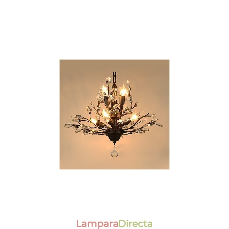 Lámpara de techo vintage de cristal, 8 luces, metal pintado, negro o dorado