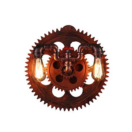 Apliques de pared industriales vintage de 2 cabezales con forma de engranaje de madera para decoración de restaurantes, cafeterías y bares. Apliques de pared industriales vintage de 2 cabezales con forma de engranaje de madera para decoración de restaurantes, cafeterías y bares.