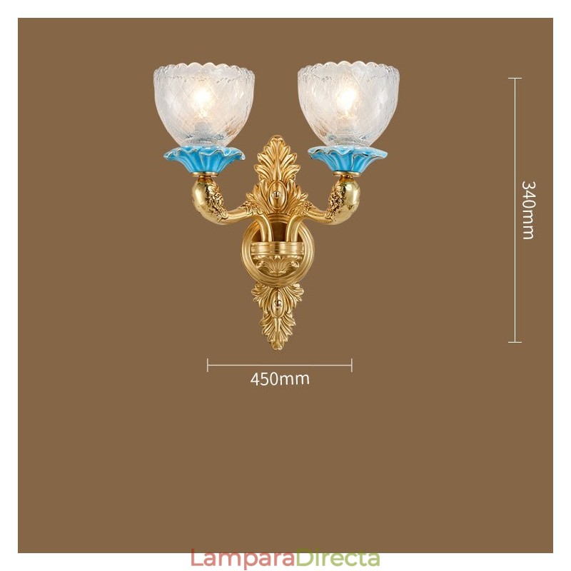 Lámpara de pared de 2 luces con forma de vela, de latón 100 % puro, de lujo, estilo rústico, retro, vintage, de cerámica y latón, con pantallas de vidrio, ideal para hoteles, oficinas, salas de exposición, salas de estar y comedores.