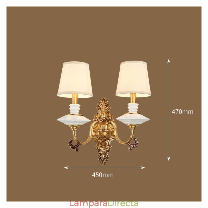 Lámpara de pared de 2 luces con forma de vela, 100 % latón puro, lujosa, rústica, retro, vintage, de cerámica, con pantallas de tela, ideal para hoteles, oficinas, salas de exposición, salas de estar y comedores.