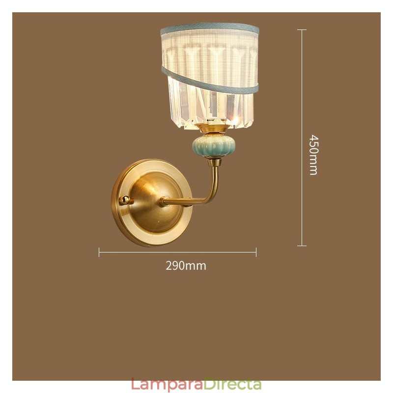 Aplique de pared de latón puro, lujoso, rústico, retro, vintage, de cerámica, con 1 luz, con vela, de tela y pantalla de cristal, ideal para hoteles, oficinas, salas de exposición, salas de estar y comedores.