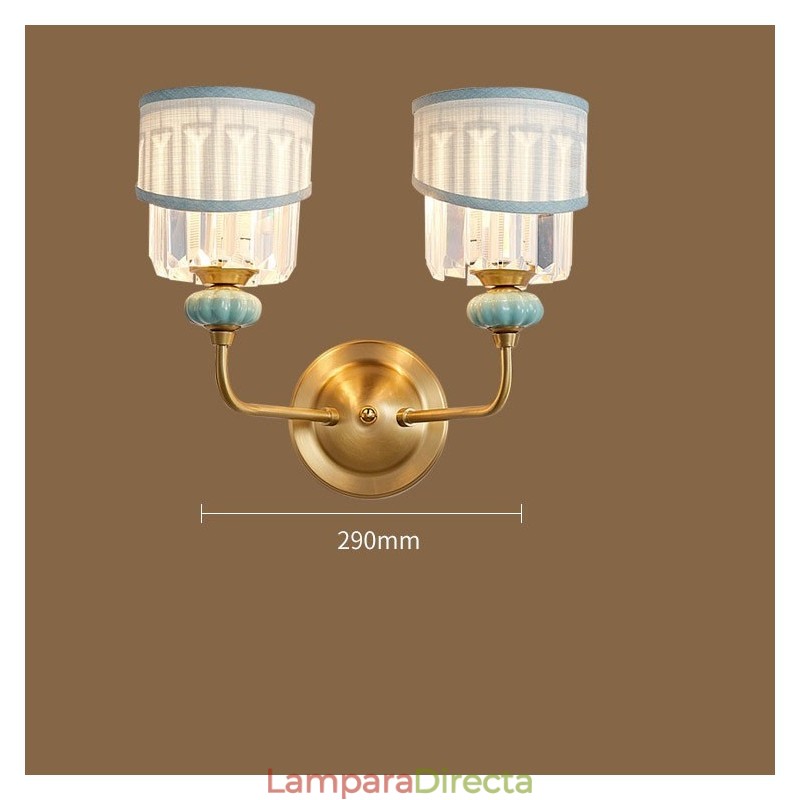 Aplique de pared de 2 luces de latón puro, lujoso, rústico, retro, vintage, de cerámica y latón, con pantallas de tela y cristal, ideal para hoteles, oficinas, salas de exposición, salas de estar y comedores.