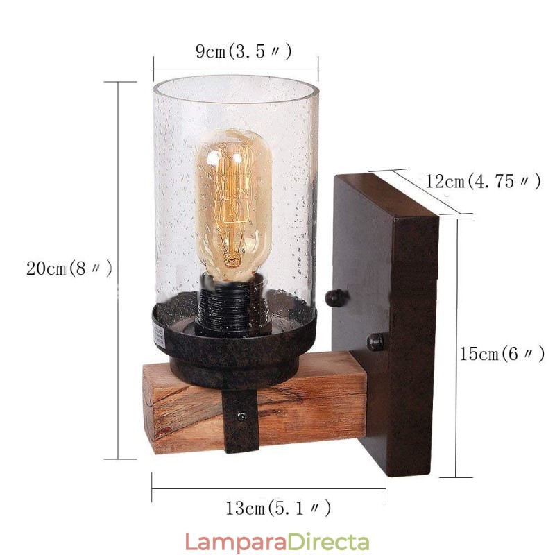 Aplique de pared de madera estilo industrial vintage de 1 luz para bar, loft, cafetería y restaurante.