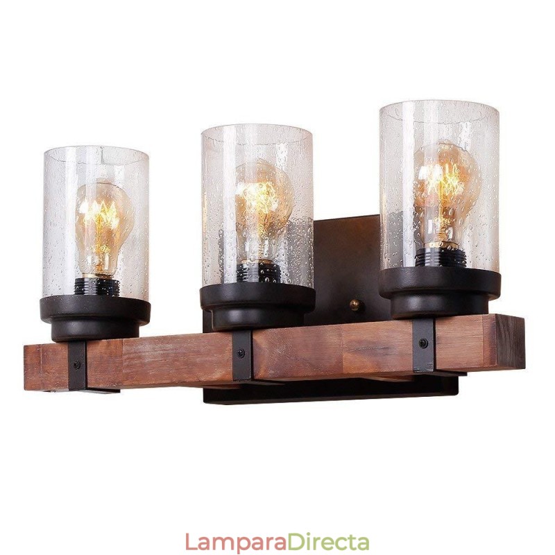 Aplique de pared de madera estilo industrial vintage de 3 luces para bar, loft, cafetería y restaurante.