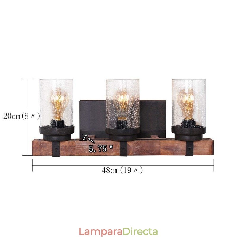 Aplique de pared de madera estilo industrial vintage de 3 luces para bar, loft, cafetería y restaurante.