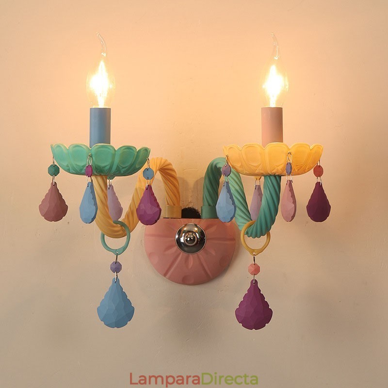 Lámpara de pared de cristal retro con forma de vela de múltiples cristales y 2 luces Macaron para habitación infantil.