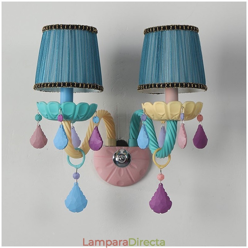 Lámpara de pared de cristal retro con forma de vela de múltiples cristales y 2 luces Macaron para habitación infantil.