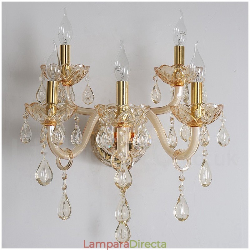 Lámpara de pared de cristal retro con 5 luces doradas K9