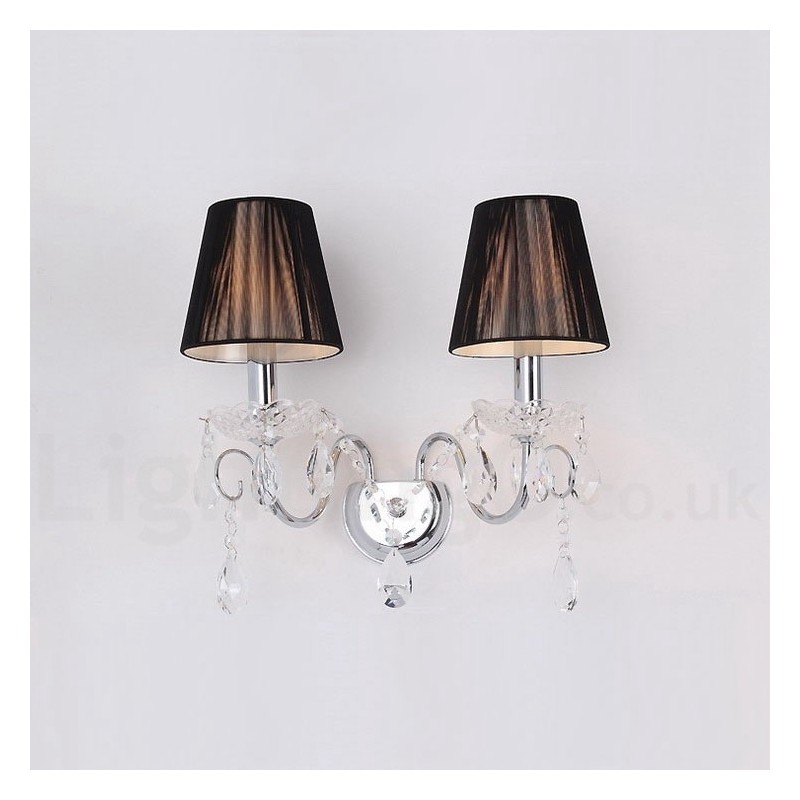 Lámpara de pared de cristal K9 retro de 2 luces, color cromo plateado, con pantallas de tela negra.
