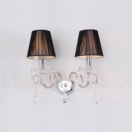 Lámpara de pared de cristal K9 retro de 2 luces, color cromo plateado, con pantallas de tela negra. Lámpara de pared de cristal K9 retro de 2 luces, color cromo plateado, con pantallas de tela negra.
