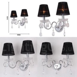 Lámpara de pared de cristal K9 retro de 2 luces, color cromo plateado, con pantallas de tela negra.
