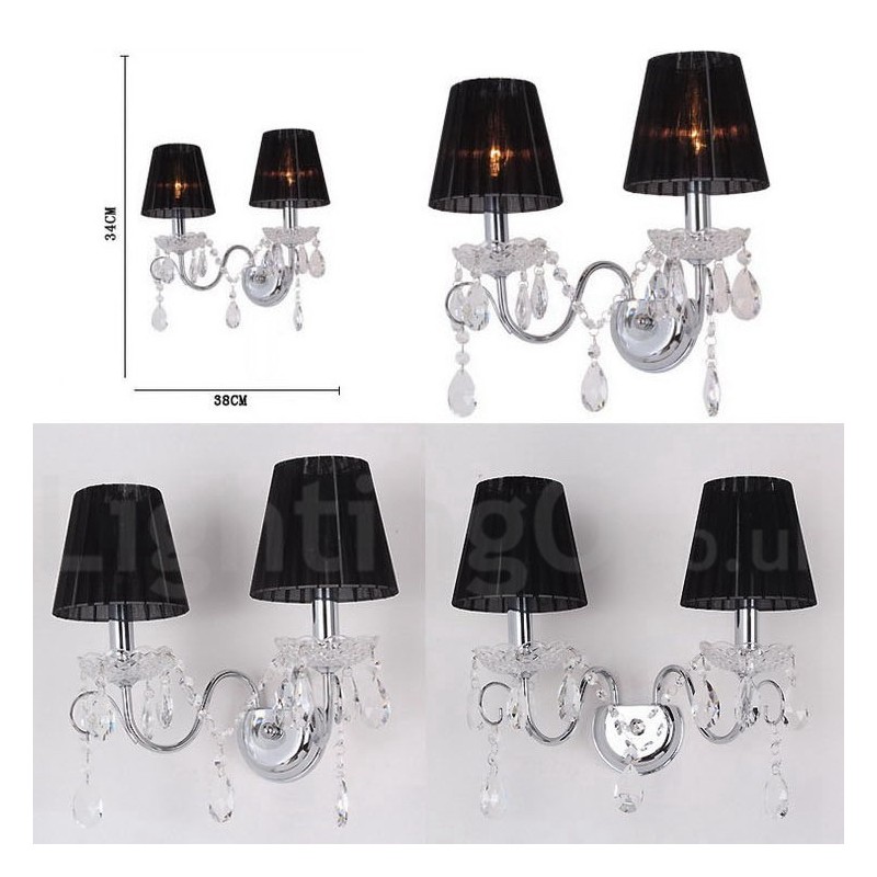 Lámpara de pared de cristal K9 retro de 2 luces, color cromo plateado, con pantallas de tela negra.