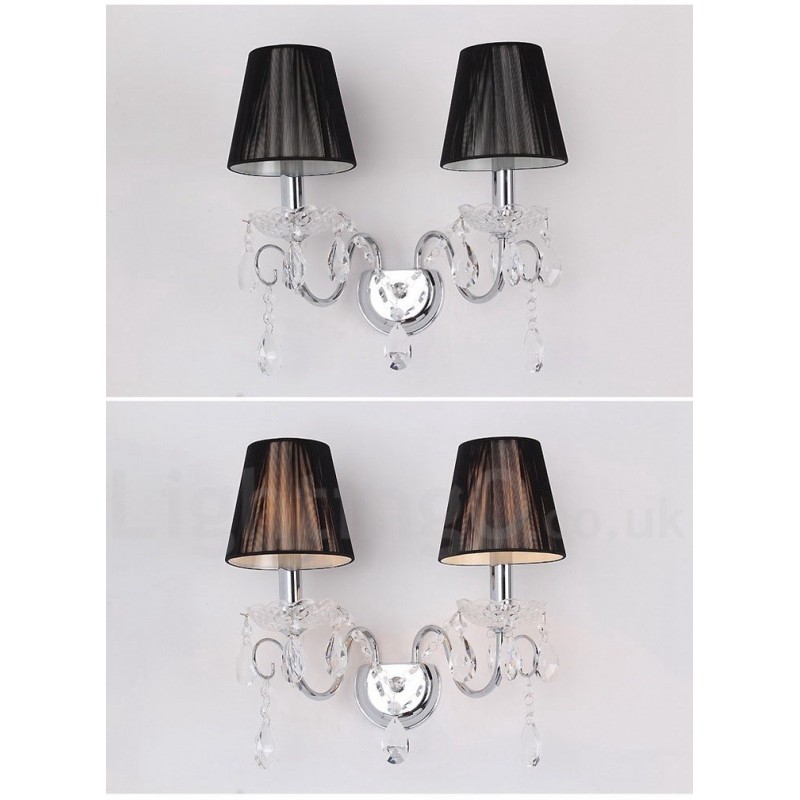 Lámpara de pared de cristal K9 retro de 2 luces, color cromo plateado, con pantallas de tela negra.