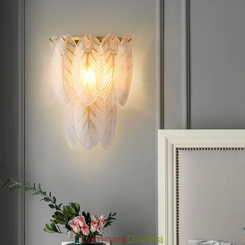 Apliques de pared de cristal con plumas francesas nórdicas, iluminación posmoderna, fondo de sala de estar de lujo, pared de pasillo, panel de hotel, lámpara de pared