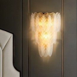 Apliques de pared de cristal con plumas francesas nórdicas, iluminación posmoderna, fondo de sala de estar de lujo, pared de pasillo, panel de hotel, lámpara de pared