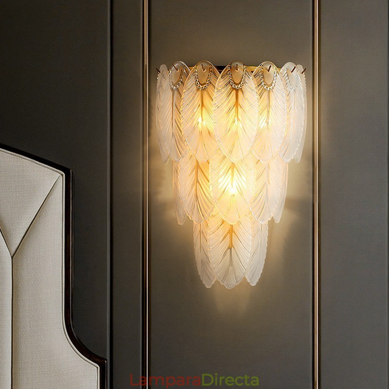 Apliques de pared de cristal con plumas francesas nórdicas, iluminación posmoderna, fondo de sala de estar de lujo, pared de pasillo, panel de hotel, lámpara de pared