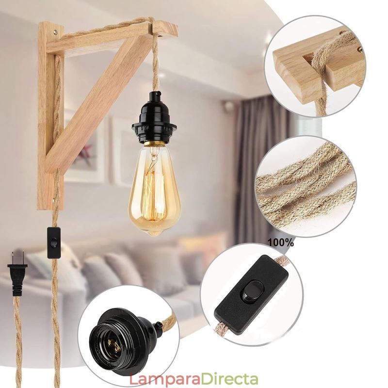 Aplique de pared de madera maciza estilo pastoral americano retro de cuerda de cáñamo con enchufe