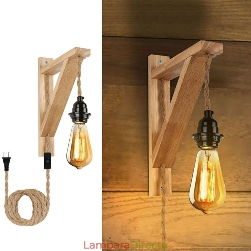 Aplique de pared de madera maciza estilo pastoral americano retro de cuerda de cáñamo con enchufe