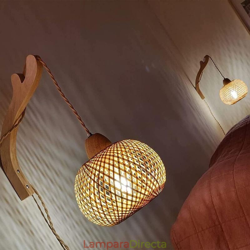 Aplique de pared de bambú estilo pastoral americano retro de cuerda de cáñamo con enchufe