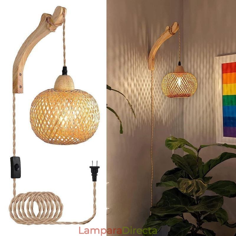 Aplique de pared de bambú estilo pastoral americano retro de cuerda de cáñamo con enchufe