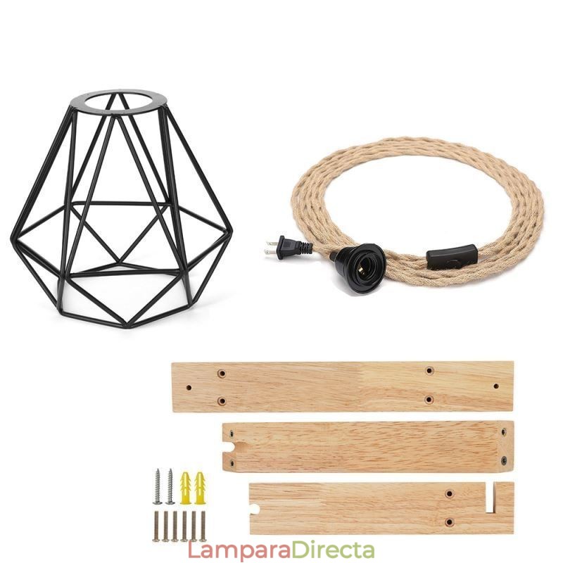 Aplique de pared retro americano de 2,5 m con cuerda de cáñamo y alambre colgante, pantalla de hierro pintado negro.