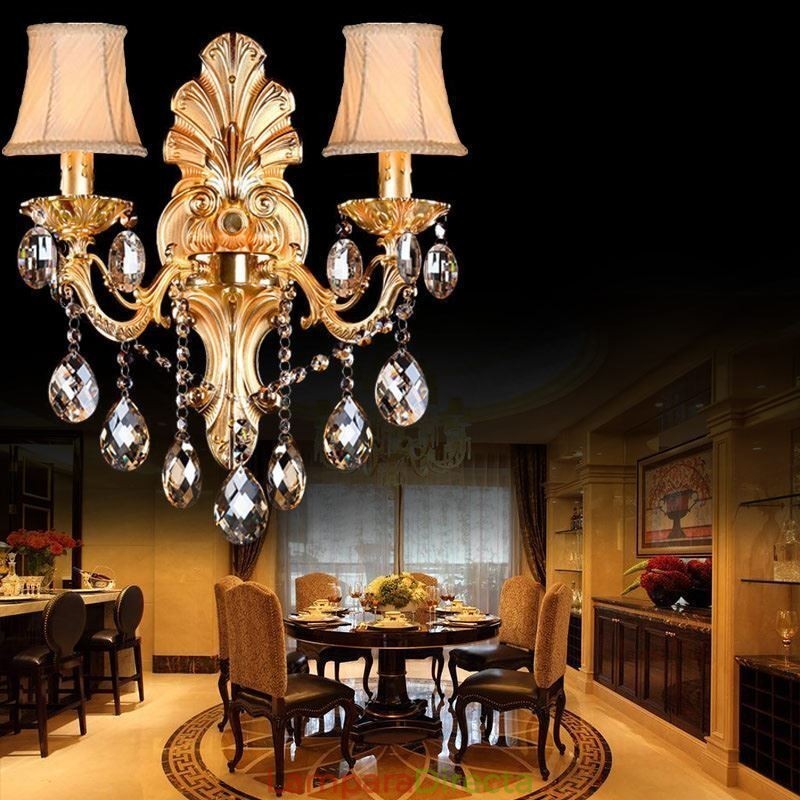 Lámpara de pared europea con pétalos dorados, exquisita lámpara de cristal con gotas, iluminación de noche