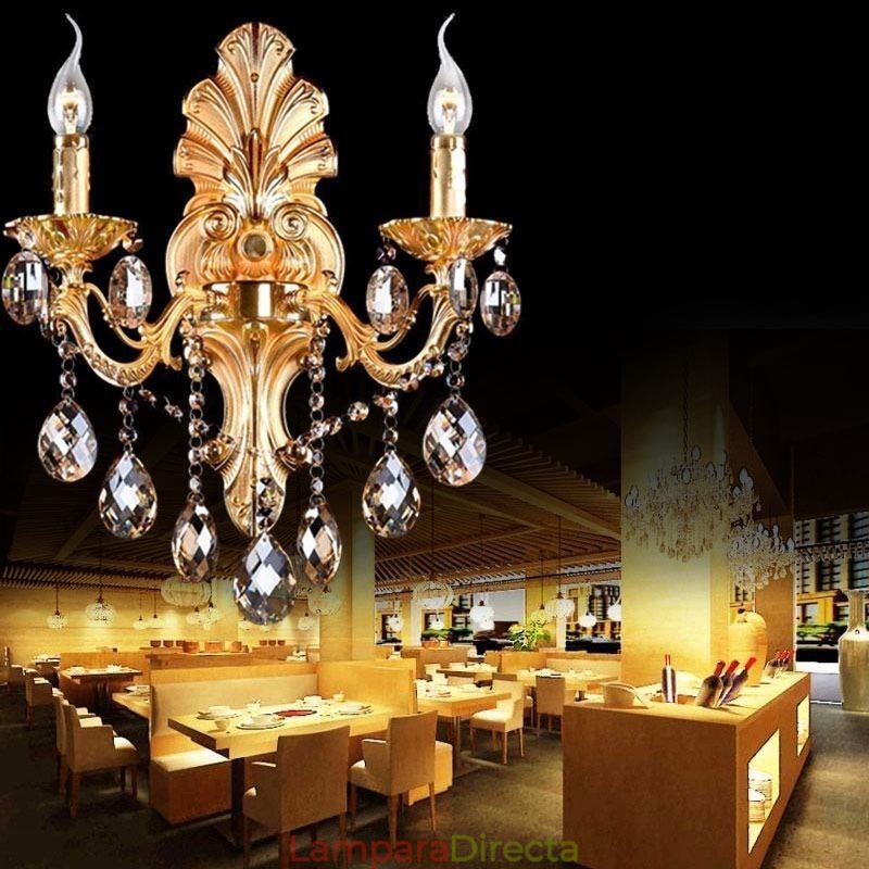 Lámpara de pared europea con pétalos dorados, exquisita lámpara de cristal con gotas, iluminación de noche