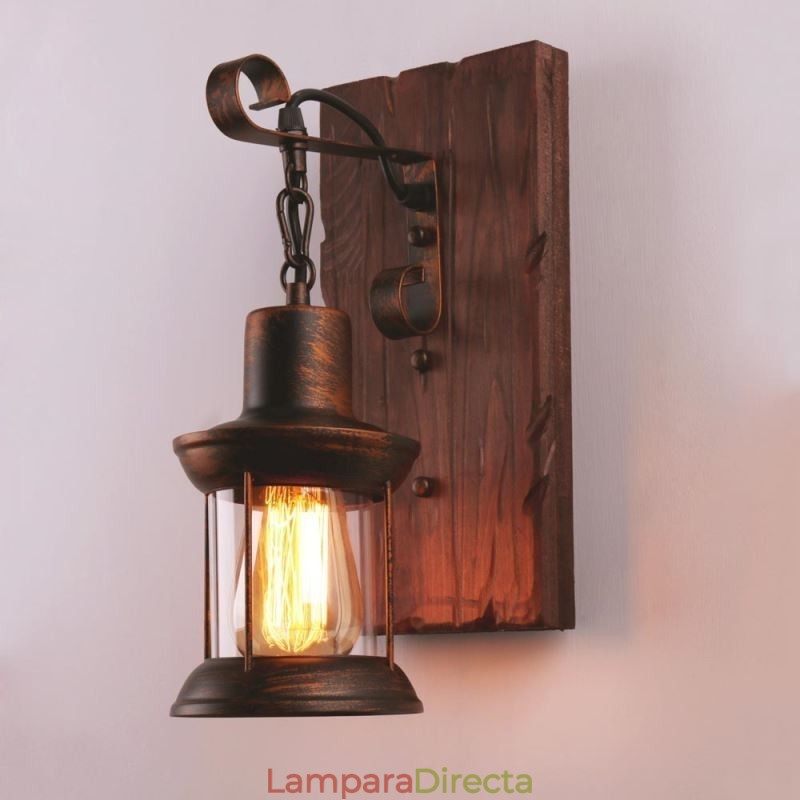 Aplique de pared vintage americano, estilo industrial, estilo loft, de madera maciza y vidrio.
