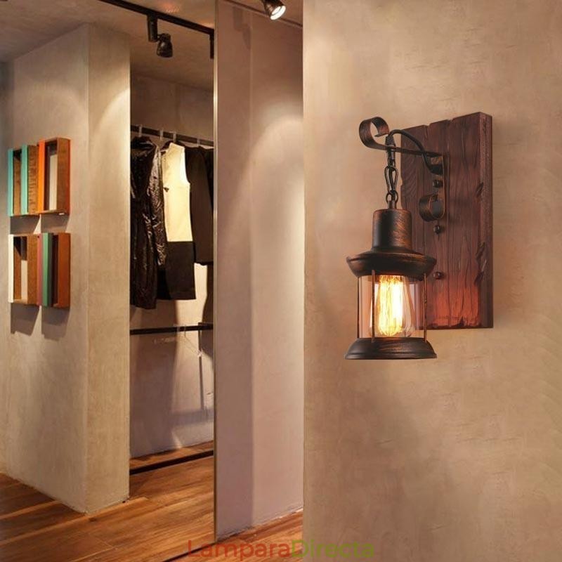 Aplique de pared vintage americano, estilo industrial, estilo loft, de madera maciza y vidrio.