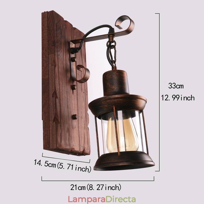 Aplique de pared vintage americano, estilo industrial, estilo loft, de madera maciza y vidrio.