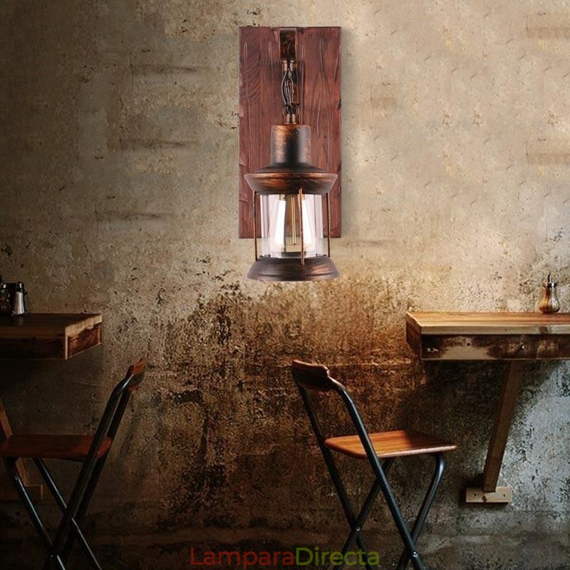 Aplique de pared vintage americano, estilo industrial, estilo loft, de madera maciza y vidrio.