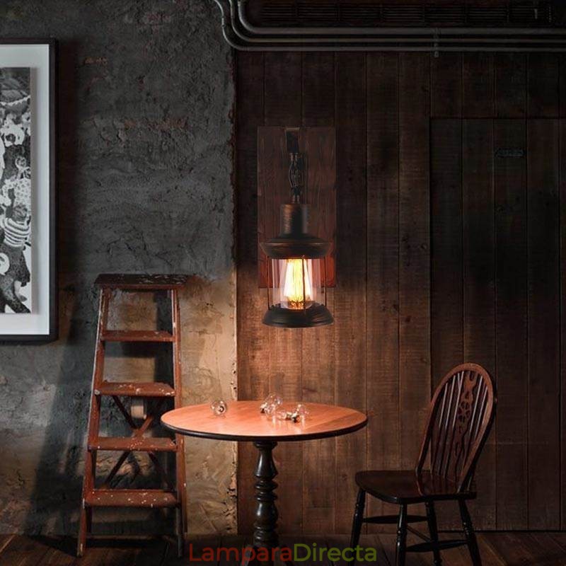 Aplique de pared vintage americano, estilo industrial, estilo loft, de madera maciza y vidrio.