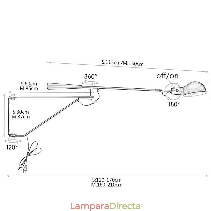 Lámpara de pared de un solo brazo basculante para lectura de cabecera