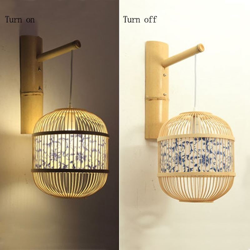 Lámpara de pared con diseño de jaula, creativa lámpara colgante de bambú, lámpara decorativa para mesita de noche.