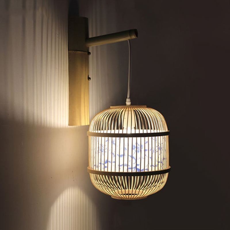 Lámpara de pared con diseño de jaula, creativa lámpara colgante de bambú, lámpara decorativa para mesita de noche.