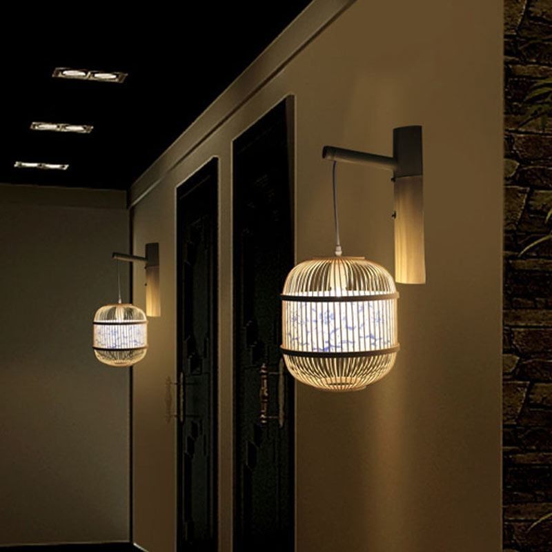 Lámpara de pared con diseño de jaula, creativa lámpara colgante de bambú, lámpara decorativa para mesita de noche.