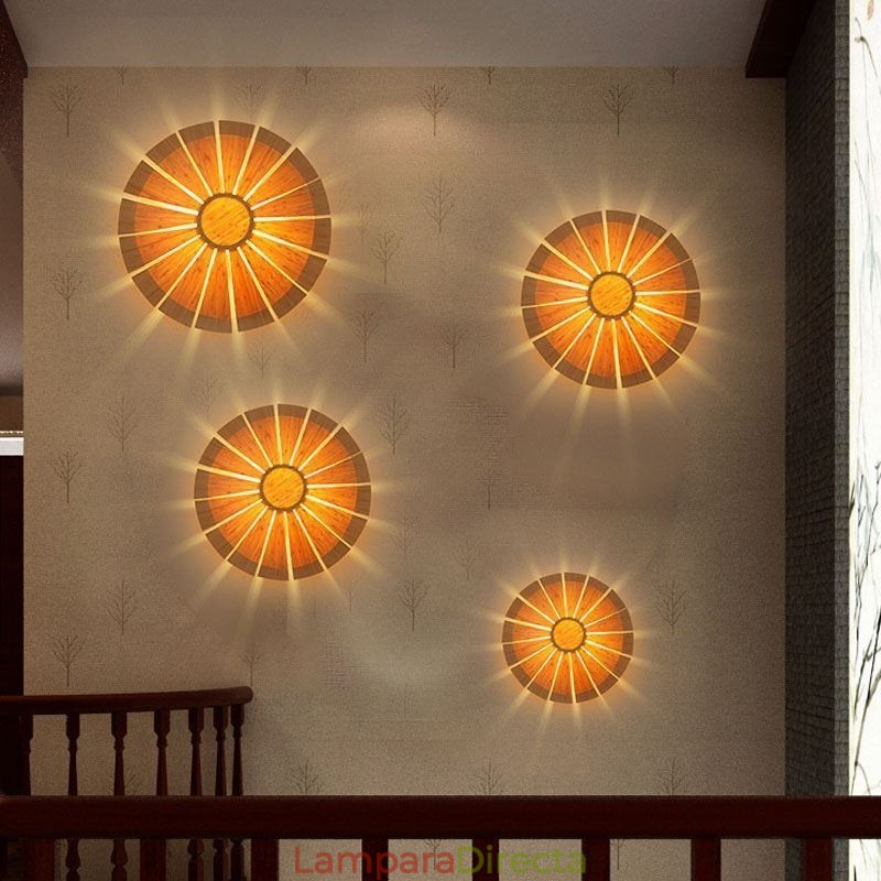 Aplique de pared redondo con flores, luz de pared de bambú única, iluminación decorativa creativa